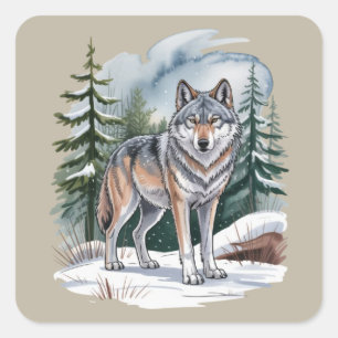 Pegatina Cuadrada Lobo acuarela invierno retro Naturaleza salvaje de