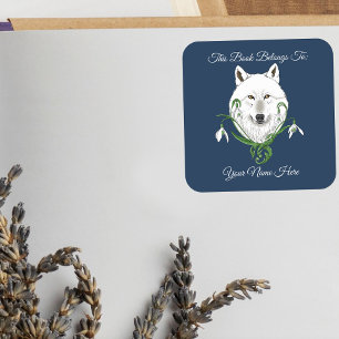 Pegatina Cuadrada Lobo Ártico Blanco Místico Invierno Snowdrop Azul
