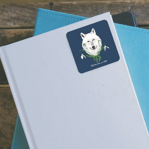 Pegatina Cuadrada Lobo Ártico Blanco Místico Invierno Snowdrop Azul