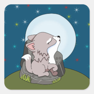Pegatina Cuadrada Lobo Bebé Aullando A Una Luna