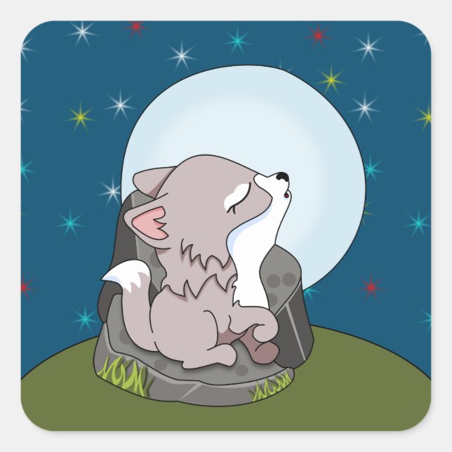 Pegatina Cuadrada Lobo Bebé Aullando A Una Luna (Anverso)