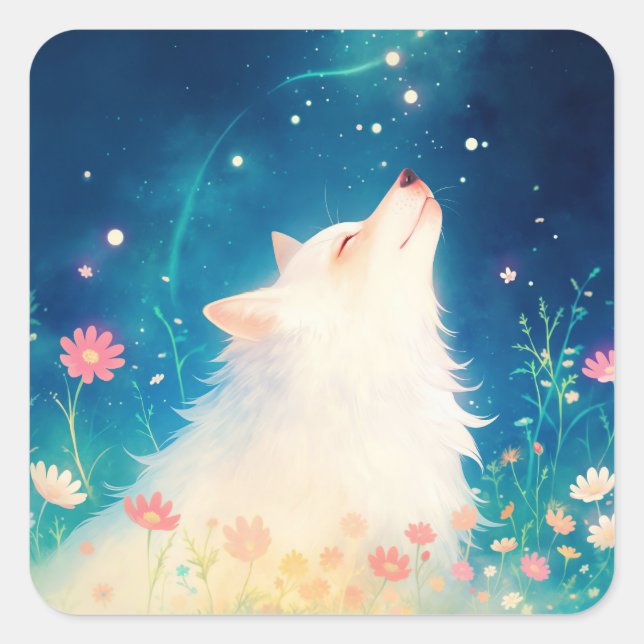Pegatina Cuadrada Lobo Blanco contemplando el rastro celestial mágic (Anverso)