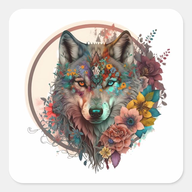 Pegatina Cuadrada Lobo colorido con flores (Anverso)
