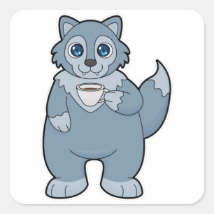 Pegatina Cuadrada Lobo con copa de café