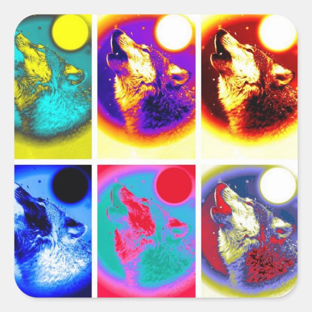 Pegatina Cuadrada Lobo de arte pop (Anverso)