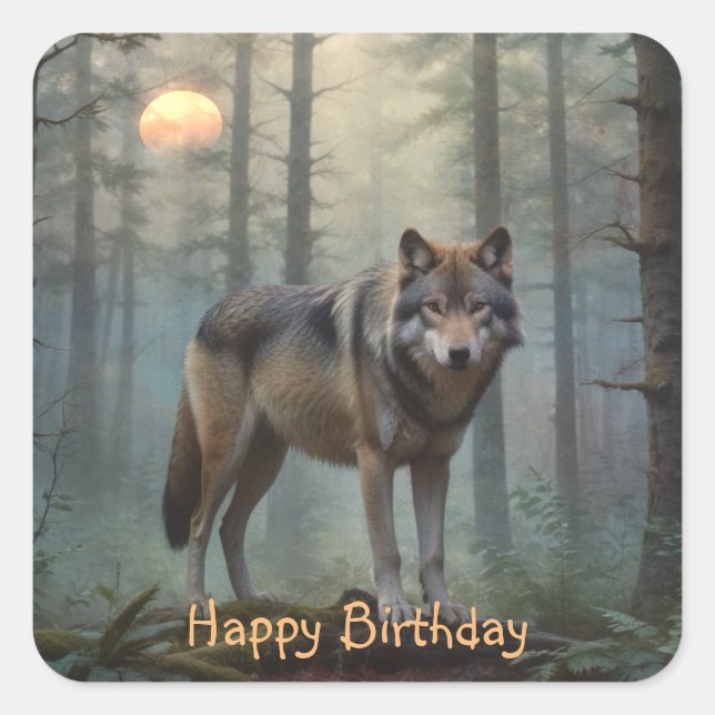 Pegatina Cuadrada Lobo en el bosque (Anverso)