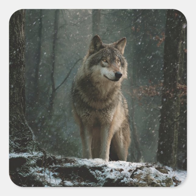 Pegatina Cuadrada Lobo en invierno (Anverso)