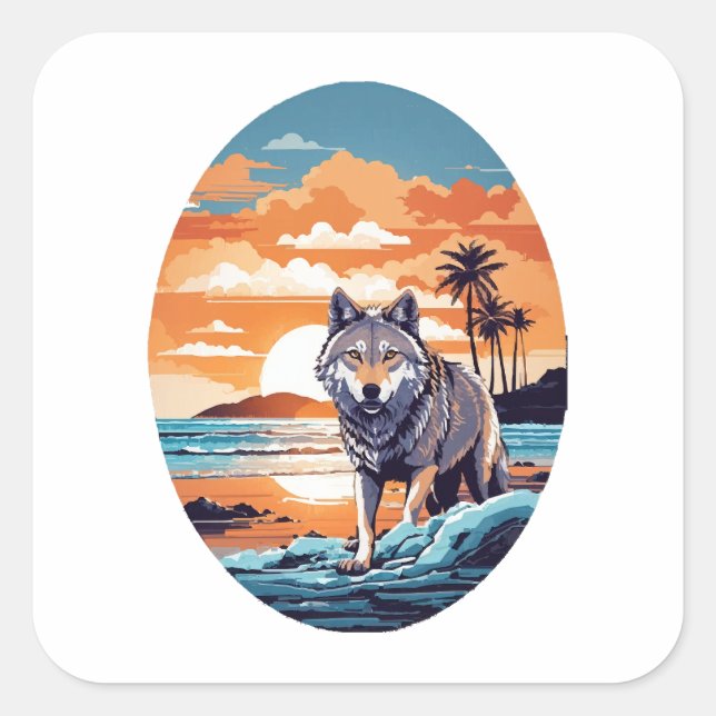 Pegatina Cuadrada Lobo en la playa (Anverso)