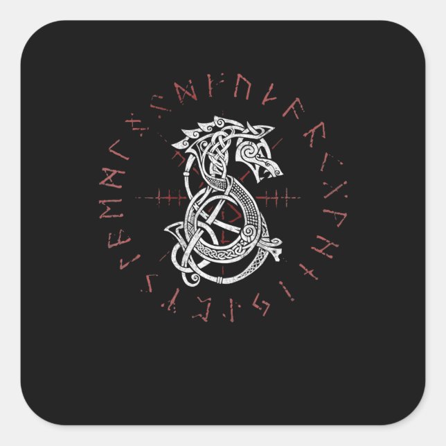 Pegatina Cuadrada Lobo Fenrir De Odin Celtic Norse Runes Molestos (Anverso)