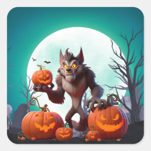 Pegatina Cuadrada Lobo feroz y calabazas de Halloween
