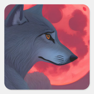Pegatina Cuadrada Lobo gris mira una luna de sangre