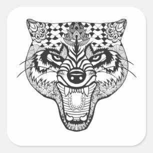 Pegatina Cuadrada Lobo inspirado por Zentangle