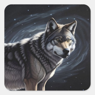 Pegatina Cuadrada Lobo Majestuoso Bajo Cielo Estrellado