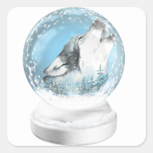 Pegatina Cuadrada Lobo navidad En Globe De Nieve De Invierno