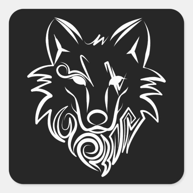 Pegatina Cuadrada Lobo tribal blanco y negro (Anverso)