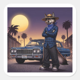 Pegatina Cuadrada Lobo Y Lowrider