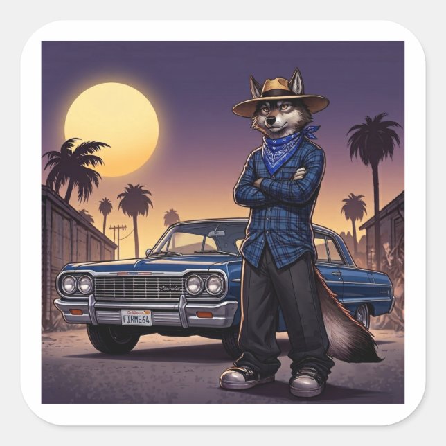Pegatina Cuadrada Lobo Y Lowrider (Anverso)