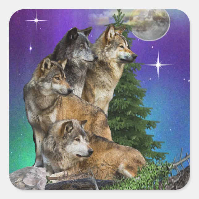 Pegatina Cuadrada Lobo y Luna (Anverso)