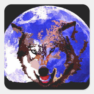 Pegatina Cuadrada Lobo y luna llena