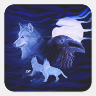 Pegatina Cuadrada Lobos y Raven con luna llena