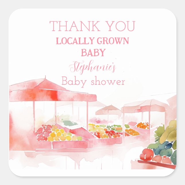 Pegatina Cuadrada Locally Grown Baby Girl Shower Farmers Market (Anverso)