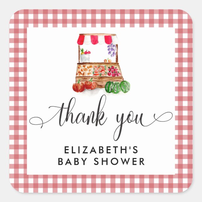 Pegatina Cuadrada Locally Grown Baby Shower Carrots Gingham (Anverso)