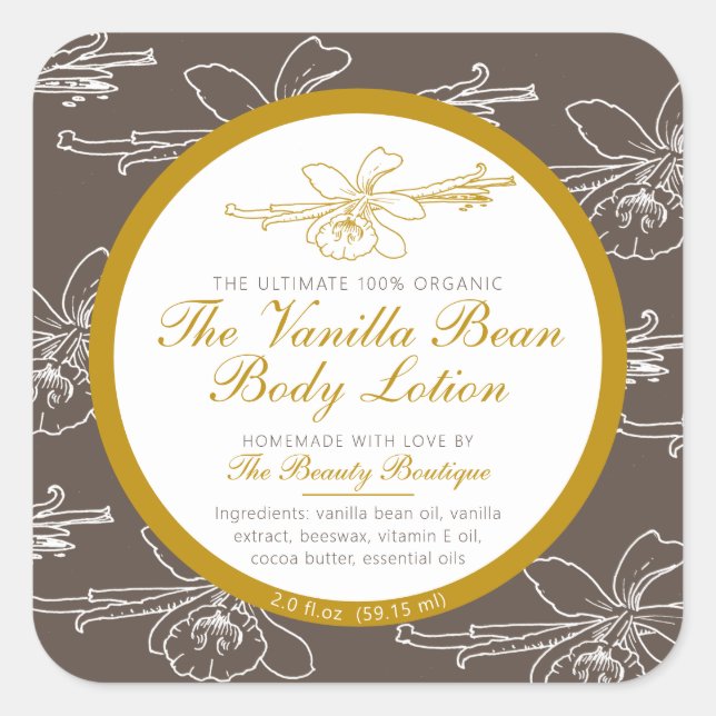 Pegatina Cuadrada Loción corporal casera de vainilla marrón (Anverso)