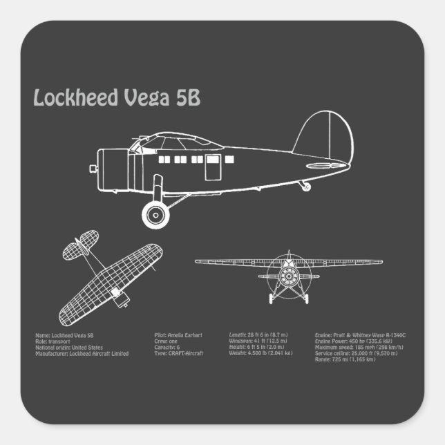 Pegatina Cuadrada Lockheed Vega 5B - Planes de avión PD (Anverso)