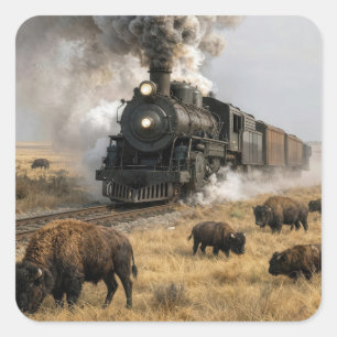 Pegatina Cuadrada Locomotora de vapor con búfalos pastando