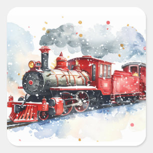 Pegatina Cuadrada Locomotora Roja En Invierno