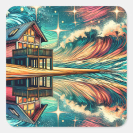 Pegatina Cuadrada Log Cabin on the Beach Ai Art