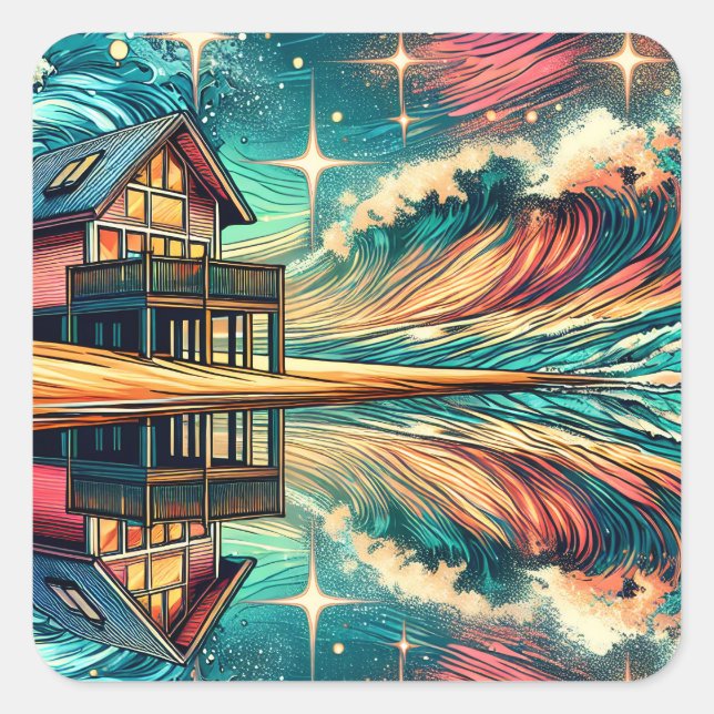 Pegatina Cuadrada Log Cabin on the Beach Ai Art (Anverso)