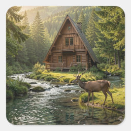 Pegatina Cuadrada Log Cabin, Stream, Mountains and Deer Nature Art