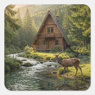 Pegatina Cuadrada Log Cabin, Stream, Mountains and Deer Nature Art