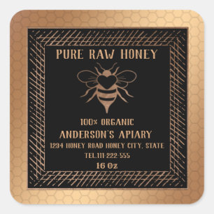 Pegatina Cuadrada Logo de la abeja de miel de rosa de lujo Vintage