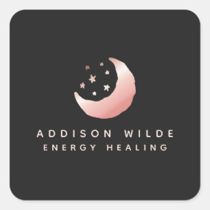 Pegatina Cuadrada Logo de Luna Creciente y Estrellas en Rosa Dorado 