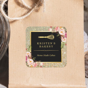 Pegatina Cuadrada Logo de Whisk, chef panadero  Purpurina Floral Gol