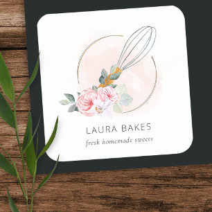 Pegatina Cuadrada Logo de Wooden Whisk Rubor Watercolor Floral Chef