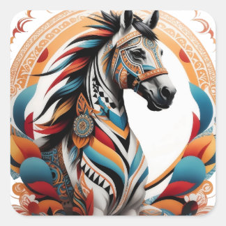Pegatina Cuadrada Logo del espíritu tribal de caballo