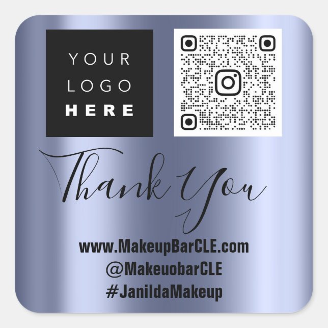Pegatina Cuadrada Logo Nombre QRCode Gracias Comprar Azul Promociona (Anverso)