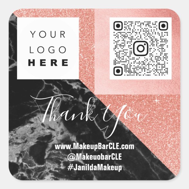 Pegatina Cuadrada Logo Nombre QRCode Gracias Marble de compras Rosa (Anverso)