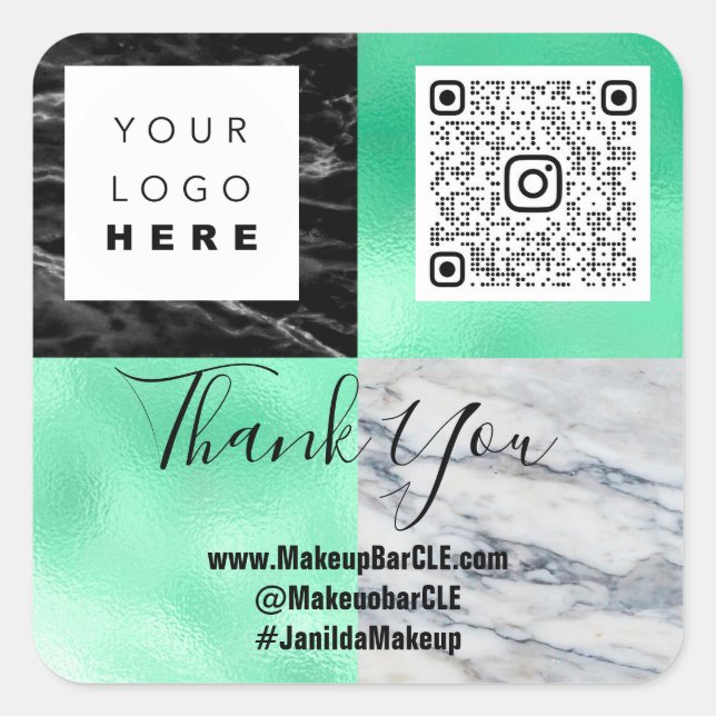 Pegatina Cuadrada Logo Nombre QRCode Gracias Marble de compras Verde (Anverso)