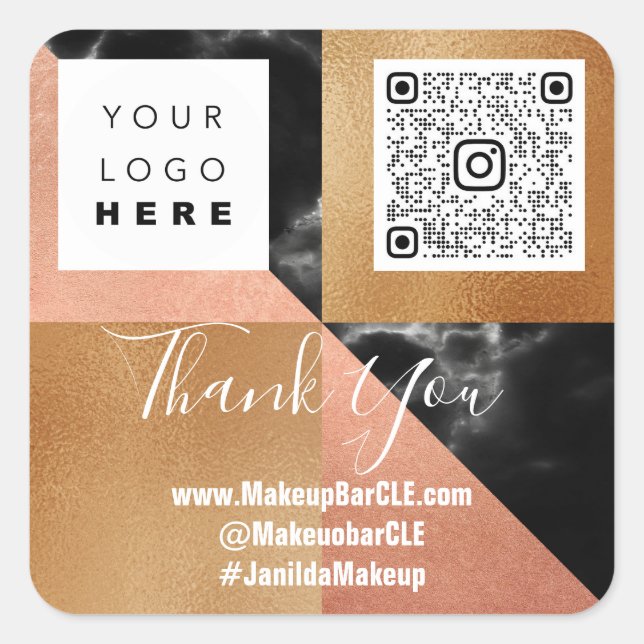 Pegatina Cuadrada Logo Nombre QRCode Gracias Rosa de mármol de compr (Anverso)