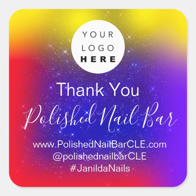 Pegatina Cuadrada Logo personalizado Nombre Estrellas Rojas Azul Púr (Anverso)