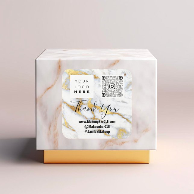 Pegatina Cuadrada Logo QRCode Nombre Gracias Comprar Faux Marble Gol (Logo QRCode Name Thank Shopping Faux Marble Gold Square Sticker)