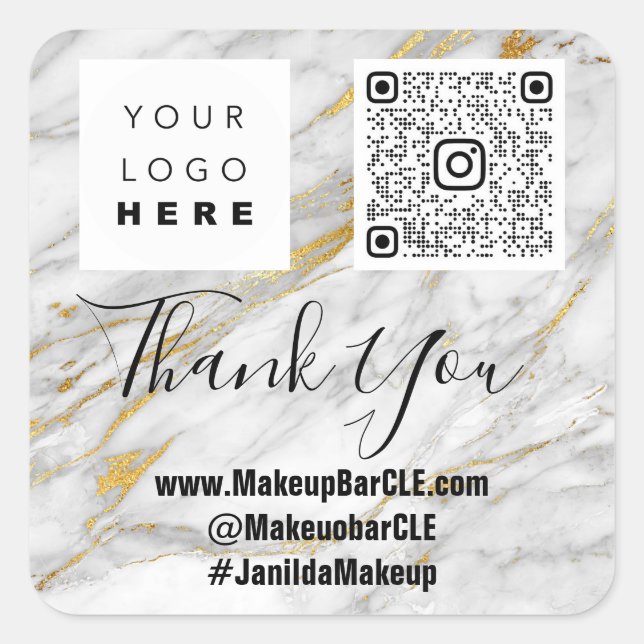 Pegatina Cuadrada Logo QRCode Nombre Gracias Comprar Faux Marble Gra (Anverso)