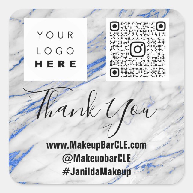 Pegatina Cuadrada Logo QRCode Nombre Gracias Marble de compras Azul  (Anverso)