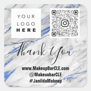 Pegatina Cuadrada Logo QRCode Nombre Gracias Marble de compras Azul