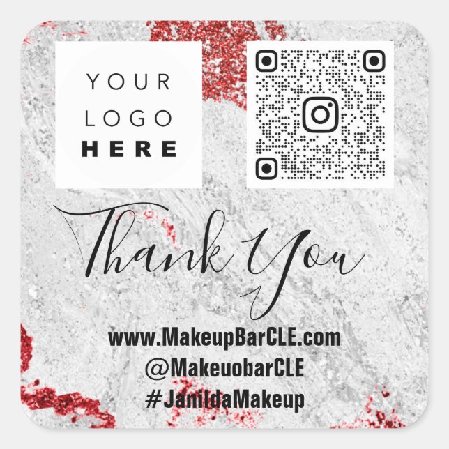 Pegatina Cuadrada Logo QRCode Nombre Gracias Marble de compras Rojo  (Anverso)