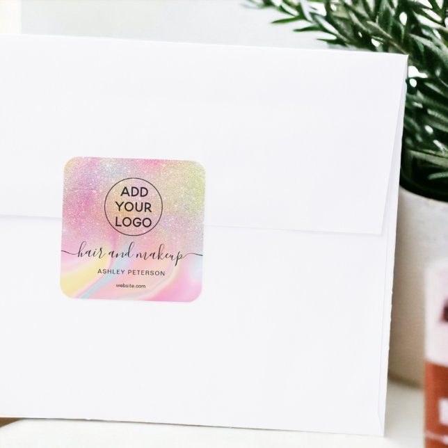 Pegatina Cuadrada Logo rosa arco iris purpurina mármol moda maquilla (Logo pink rainbow glitter marble chic hair makeup square sticker)